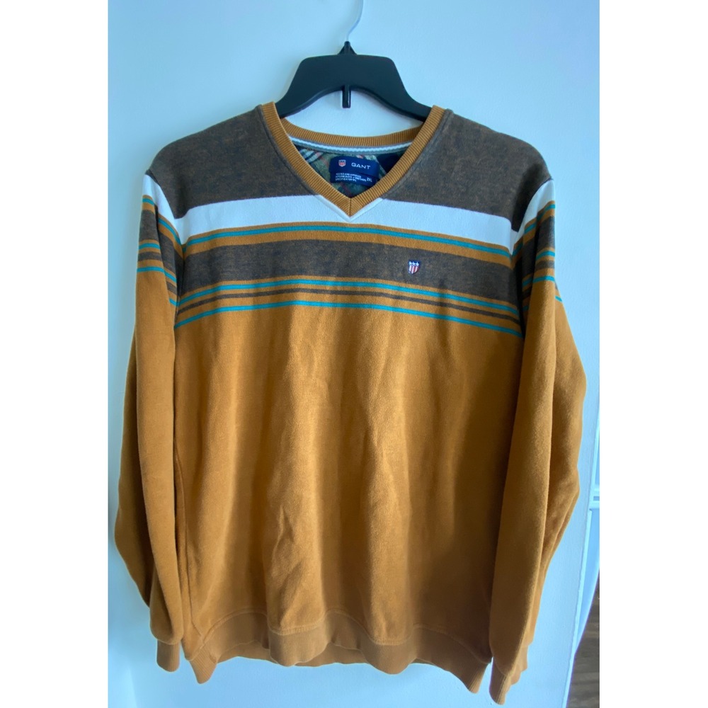 Gant Mens V-Neck Sweater 2XL Mustard Yellow Stripe Chest Logo Preppy Knit Jumper